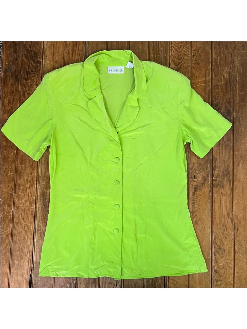 Vintage 90s women’s silk shirt short sleeve bright lime Green Button-Down size 8